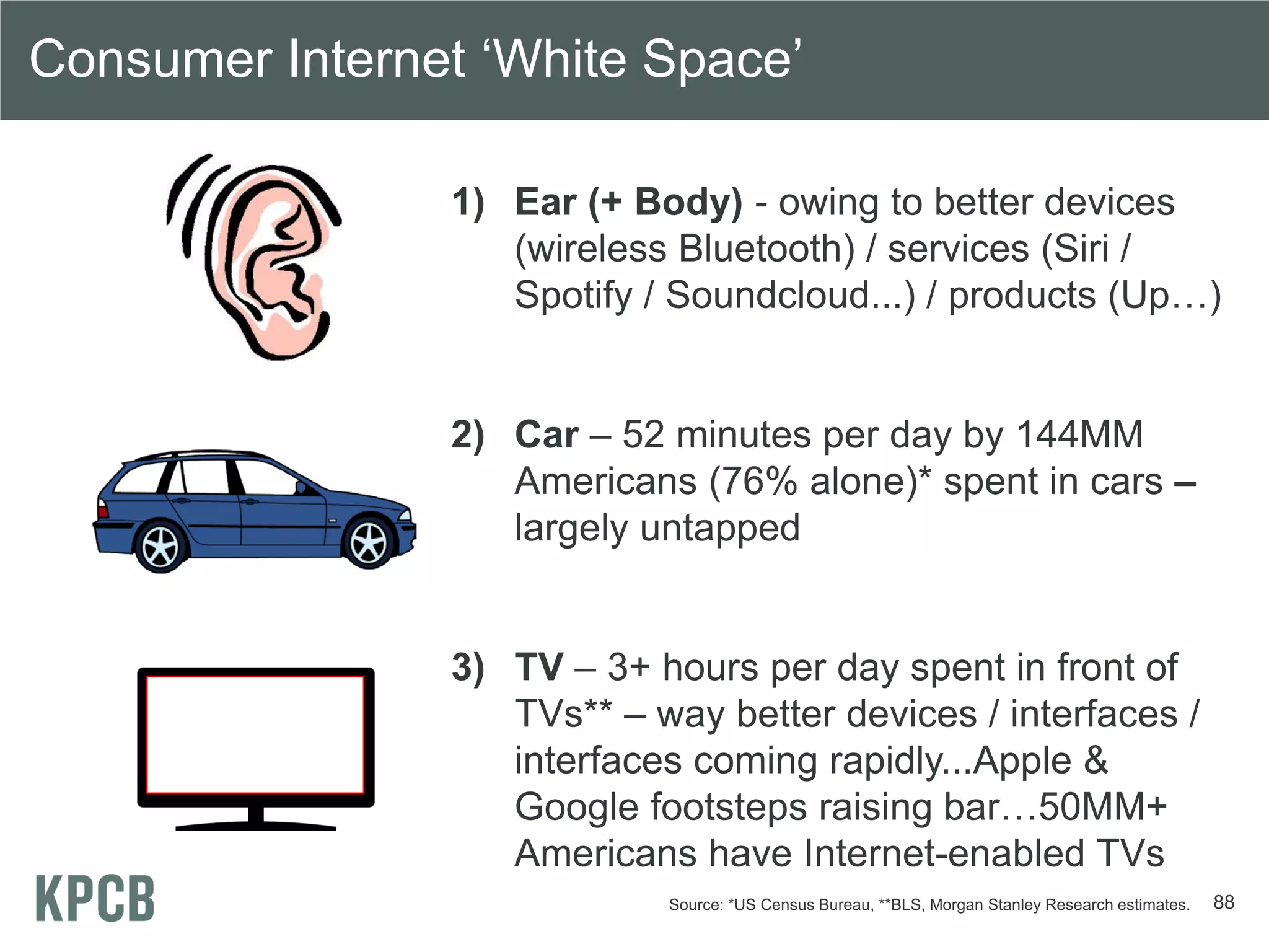 Consumer Internet ‘White Space’

                1) Ear (+ Body) - owing to better devices
                   (wireless Bluetooth) / services (Siri /
                   Spotify / Soundcloud...) / products (Up…)


                2) Car – 52 minutes per day by 144MM
                   Americans (76% alone)* spent in cars –
                   largely untapped


                3) TV – 3+ hours per day spent in front of
                   TVs** – way better devices / interfaces /
                   interfaces coming rapidly...Apple &
                   Google footsteps raising bar…50MM+
                   Americans have Internet-enabled TVs
                            Source: *US Census Bureau, **BLS, Morgan Stanley Research estimates.   88
 