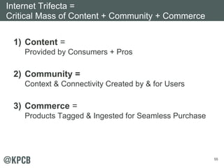 55
1) Content =
Provided by Consumers + Pros
2) Community =
Context & Connectivity Created by & for Users
3) Commerce =
Pr...