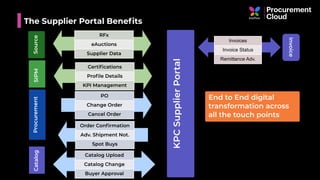 The Supplier Portal Beneﬁts
KPCSupplierPortal
End to End digital
transformation across
all the touch points
Invoice
CatalogProcurement
PO
Change Order
Cancel Order
Order Conﬁrmation
Adv. Shipment Not.
Spot Buys
Catalog Upload
Catalog Change
Buyer Approval
Invoices
Invoice Status
Remittance Adv.
SIPM
Certiﬁcations
Proﬁle Details
KPI Management
Source RFx
eAuctions
Supplier Data
 