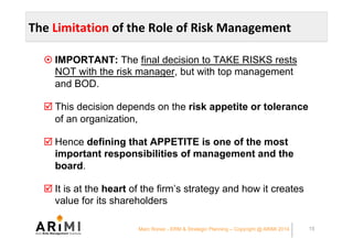 The	Limitation	of	the	Role	of	Risk	Management	
¤ IMPORTANT: The final decision to TAKE RISKS rests
NOT with the risk manag...