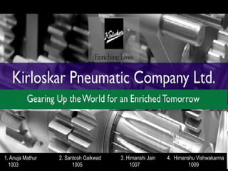 Kirloskar Pneumatics Co. Limited 
1. Anuja Mathur 2. Santosh Gaikwad 3. Himanshi Jain 4. Himanshu Vishwakarma 
1003 1005 1007 1009 
 