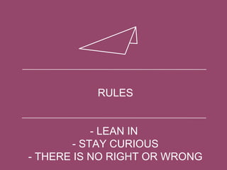 RULES
- LEAN IN
- STAY CURIOUS
- THERE IS NO RIGHT OR WRONG
 