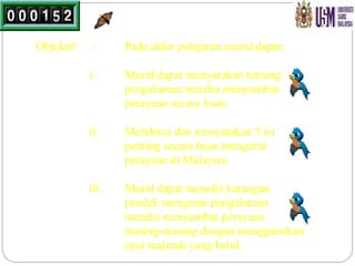 Objektif  :  Pada akhir pelajaran murid dapat: i. Murid dapat menyatakan tentang  pengalaman mereka menyambut  perayaan secara lisan. ii. Membaca dan menyatakan 5 isi  penting secara lisan mengenai  perayaan di Malaysia. iii. Murid dapat menulis karangan  pendek mengenai pengalaman  mereka menyambut perayaan  masing-masing dengan menggunakan  ayat majmuk yang betul. 