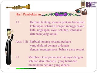 Hasil Pembelajaran: 1.1. Berbual tentang sesuatu perkara berkaitan  kehidupan seharian dengan menggunakan  kata, ungkapan, ayat, sebutan, intonansi  dan nada yang sesuai. Aras 1 (i)  Berbual tentang sesuatu perkara  yang dialami dengan didengar  dengan menggunakan bahasa yang sesuai. 5.1  Membaca kuat perkataan dan ayat dengan    sebutan dan intonansi  yang betul dan    memahami petikan yang dibaca. 