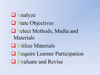  Analyze
 State Objectives
 Select Methods, Media and
 Materials
 Utilize Materials
 Require Learner Participation
 Evaluate and Revise
 