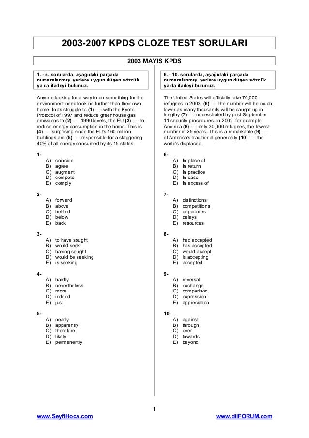 Kpds Cloze Test Sorulari 2003 2007