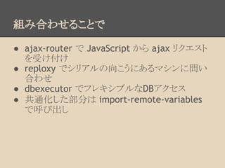 組み合わせることで
● ajax-router で JavaScript から ajax リクエスト
を受け付け
● reploxy でシリアルの向こうにあるマシンに問い
合わせ
● dbexecutor でフレキシブルなDBアクセス
● 共通化した部分は import-remote-variables
で呼び出し
 