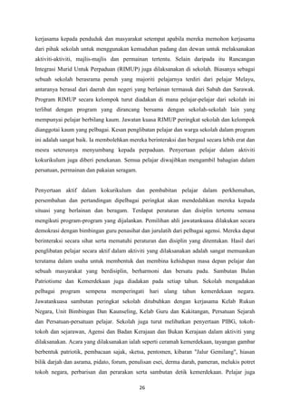 kerjasama kepada penduduk dan masyarakat setempat apabila mereka memohon kerjasama
dari pihak sekolah untuk menggunakan kemudahan padang dan dewan untuk melaksanakan
aktiviti-aktiviti, majlis-majlis dan permainan tertentu. Selain daripada itu Rancangan
Integrasi Murid Untuk Perpaduan (RIMUP) juga dilaksanakan di sekolah. Biasanya sebagai
sebuah sekolah berasrama penuh yang majoriti pelajarnya terdiri dari pelajar Melayu,
antaranya berasal dari daerah dan negeri yang berlainan termasuk dari Sabah dan Sarawak.
Program RIMUP secara kelompok turut diadakan di mana pelajar-pelajar dari sekolah ini
terlibat dengan program yang dirancang bersama dengan sekolah-sekolah lain yang
mempunyai pelajar berbilang kaum. Jawatan kuasa RIMUP peringkat sekolah dan kelompok
dianggotai kaum yang pelbagai. Kesan penglibatan pelajar dan warga sekolah dalam program
ini adalah sangat baik. Ia membolehkan mereka berinteraksi dan bergaul secara lebih erat dan
mesra seterusnya menyumbang kepada perpaduan. Penyertaan pelajar dalam aktiviti
kokurikulum juga diberi penekanan. Semua pelajar diwajibkan mengambil bahagian dalam
persatuan, permainan dan pakaian seragam.


Penyertaan aktif dalam kokurikulum dan pembabitan pelajar dalam perkhemahan,
persembahan dan pertandingan dipelbagai peringkat akan mendedahkan mereka kepada
situasi yang berlainan dan beragam. Terdapat peraturan dan disiplin tertentu semasa
mengikuti program-program yang dijalankan. Pemilihan ahli jawatankuasa dilakukan secara
demokrasi dengan bimbingan guru penasihat dan jurulatih dari pelbagai agensi. Mereka dapat
berinteraksi secara sihat serta mematuhi peraturan dan disiplin yang ditentukan. Hasil dari
penglibatan pelajar secara aktif dalam aktiviti yang dilaksanakan adalah sangat memuaskan
terutama dalam usaha untuk membentuk dan membina kehidupan masa depan pelajar dan
sebuah masyarakat yang berdisiplin, berharmoni dan bersatu padu. Sambutan Bulan
Patriotisme dan Kemerdekaan juga diadakan pada setiap tahun. Sekolah mengadakan
pelbagai program sempena memperingati hari ulang tahun kemerdekaan negara.
Jawatankuasa sambutan peringkat sekolah ditubuhkan dengan kerjasama Kelab Rukun
Negara, Unit Bimbingan Dan Kaunseling, Kelab Guru dan Kakitangan, Persatuan Sejarah
dan Persatuan-persatuan pelajar. Sekolah juga turut melibatkan penyertaan PIBG, tokoh-
tokoh dan sejarawan, Agensi dan Badan Kerajaan dan Bukan Kerajaan dalam aktiviti yang
dilaksanakan. Acara yang dilaksanakan ialah seperti ceramah kemerdekaan, tayangan gambar
berbentuk patriotik, pembacaan sajak, sketsa, pentomen, kibaran "Jalur Gemilang", hiasan
bilik darjah dan asrama, pidato, forum, penulisan esei, derma darah, pameran, melukis potret
tokoh negara, perbarisan dan perarakan serta sambutan detik kemerdekaan. Pelajar juga

                                            26
 