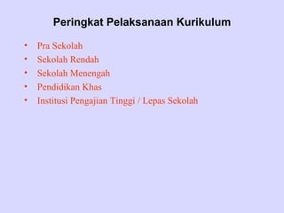 Peringkat Pelaksanaan Kurikulum

•   Pra Sekolah
•   Sekolah Rendah
•   Sekolah Menengah
•   Pendidikan Khas
•   Institusi Pengajian Tinggi / Lepas Sekolah
 