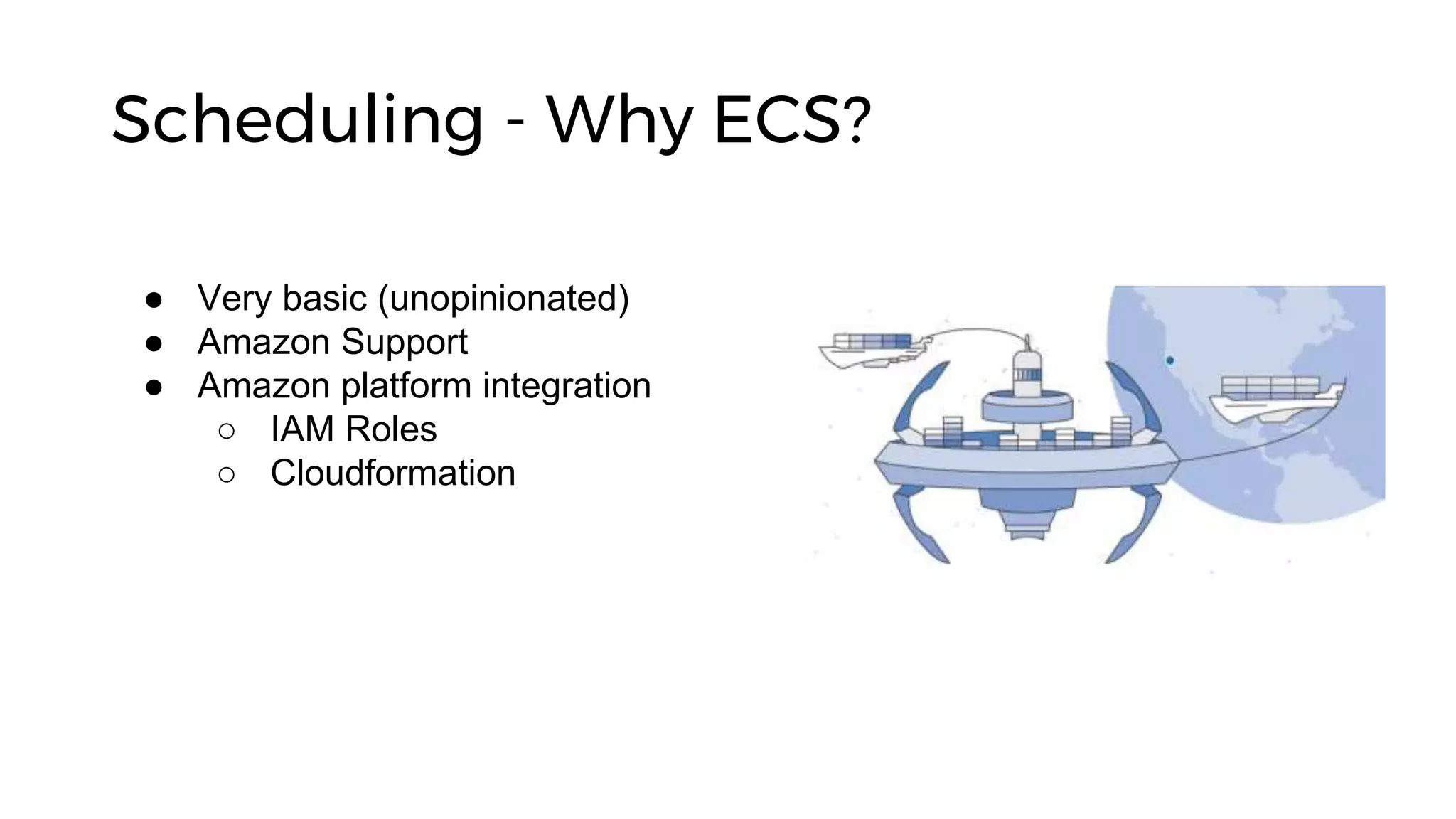 Scheduling - Why ECS?
● Very basic (unopinionated)
● Amazon Support
● Amazon platform integration
○ IAM Roles
○ Cloudformation
 