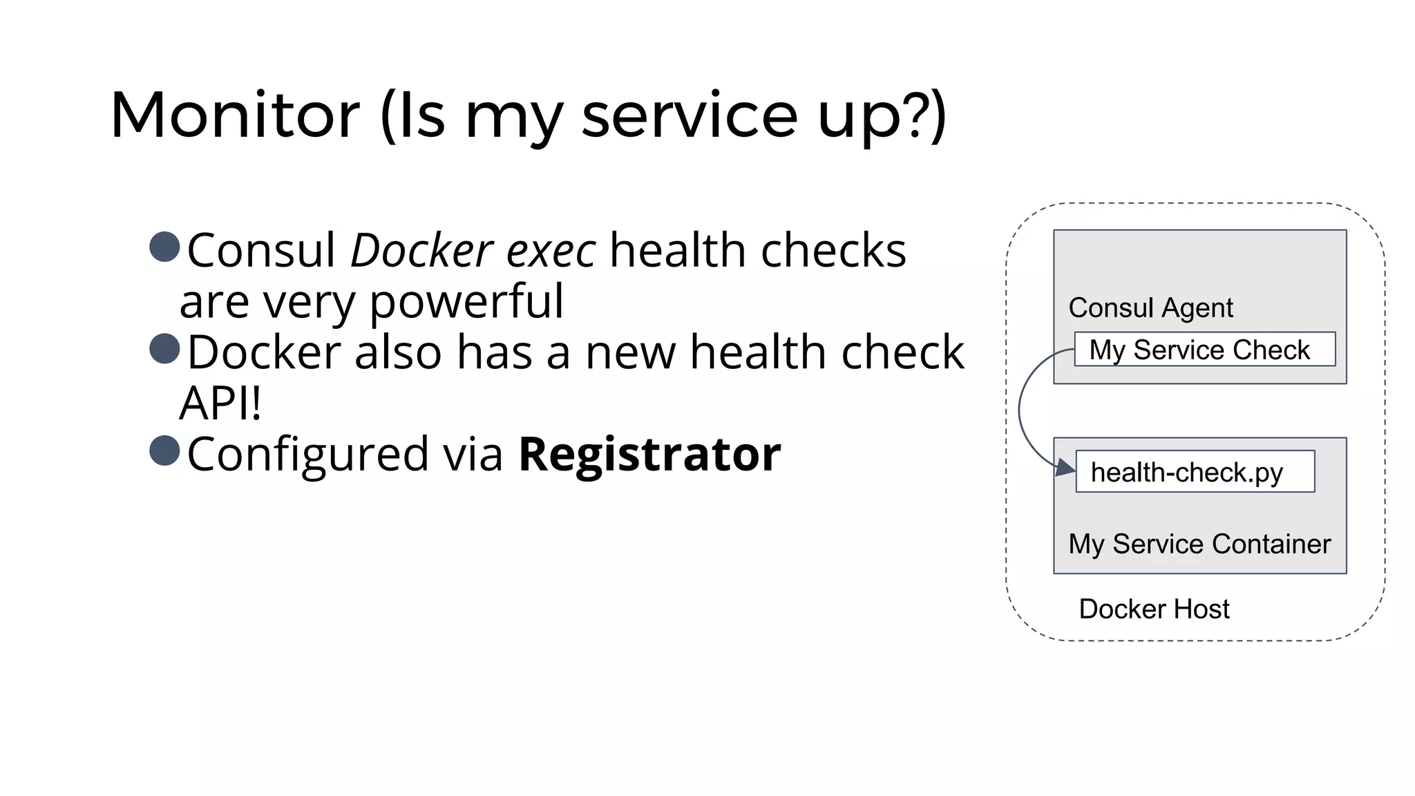 Monitor (Is my service up?)
●Consul Docker exec health checks
are very powerful
●Docker also has a new health check
API!
●Configured via Registrator
Consul Agent
My Service Container
health-check.py
My Service Check
Docker Host
 