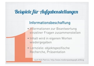 Beispiele für Aufgabenstellungen

1

Informationsbeschaffung

• Informationen zur Beantwortung
einzelner Fragen zusammenstellen
• Inhalt wird in eigenen Worten
wiedergegeben
• Lernziele: objektspezifische
Recherche, Präsentation
nach Köll Patricia http://www.medienpaedagogik.at/blog

 