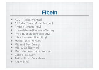 Fibeln!
    ABC – Reise (Veritas)
    ABC der Tiere (Mildenberger)
    Frohes Lernen (öbv)
    Funkelsteine (Dorner – Verlag)
    Imos Buchstabenreise (J&V)
    Lilos Lesewelt (Helbling)
    Meine Fibel (Veritas)
    Mia und Mo (Dorner)
    Milli & Co (Dorner)
    Mimi die Lesemaus (Veritas)
    Salto Fibel (öbv)
    Tobi – Fibel (Cornelsen)
    Zebra (öbv)
 