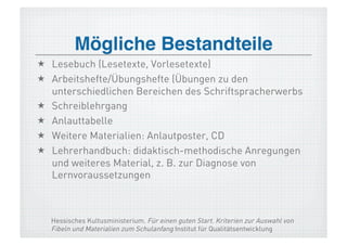 Mögliche Bestandteile!
  Lesebuch (Lesetexte, Vorlesetexte)
  Arbeitshefte/Übungshefte (Übungen zu den
   unterschiedlichen Bereichen des Schriftspracherwerbs
  Schreiblehrgang
  Anlauttabelle
  Weitere Materialien: Anlautposter, CD
  Lehrerhandbuch: didaktisch-methodische Anregungen
   und weiteres Material, z. B. zur Diagnose von
   Lernvoraussetzungen



   Hessisches Kultusministerium. Für einen guten Start. Kriterien zur Auswahl von
   Fibeln und Materialien zum Schulanfang Institut für Qualitätsentwicklung
 