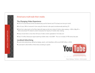 Americans multi-task their media

                    The Changing Video Experience
                    • 57% of TV and Internet homes simultaneously use the Internet and TV at least one time per month.
                    • As of June, 28% of consumer’s time using the Internet is also spent simultaneously watching TV.
                    • Short form video (such as YouTube clips) still makes up the lion’s share of online video viewing — 83% in May 09 —
                     while name-brand TV network content comprises the majority of mobile video viewing.
MEDIA CONSUMPTION




                    • Every minute there is more than 20 hours of video content uploaded to YouTube.com
                    • Over 15 million Americans report watching mobile video in Q2 2009. This is an increase of 70% versus last year.

                    Localized Advertising
                    • Local online advertising, defined as display, search, and classifieds, will be worth $8.9 billion in 2012.
                    • Local search is $2.5 billion of that total, according to Jupiter.




                                                                                                                    *Nielsen NetRatings **eMarketer / ClickZ (complied)
 