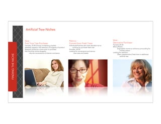 Artificial Tree Niches


                    Sara -                                                      Patricia -                                     Vera -
                    First Time Tree Purchaser                                   Convert from Fresh Trees                       Decorative Purchaser
                    Females, 25-40 (Young co-habiting couples)                  Individuals/Families who have decided not to   Females 25-50
                    Aesthetic appeal in the selection of longevity of product        continue to purchase fresh tree           More affluent
                    Research products in store prior to purchase                Females, 30-50                                      Disposable income to enhance surrounding for
                    Not first-time online shoppers                              Looking for convenience and service                     holiday season
                          Like the convenience of internet commerce                   Less mess and hassle                     Looking for selection
FINDING THE NICHE




                                                                                                                                    Often supplements a fresh tree or additional
                                                                                                                                        artificial tree
 