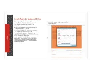 Email Meant to Tease and Entice
        The email was the introduction to the campaign
        and the first touch point with prospects.
        Two different emails to a N2 sample of 500
        prospects.
        •   One that took half of the recipients directly to
            the landing page: 5.71% CTR
        •   One that prompted the other half of recipients
            to Google their name: 14.04% CTR
        The results was a significant difference in the
        number of click-throughs from the direct link email
        to the Google your name email.
EMAIL




        Given the almost three times more impressive
        performance of the Google email, all campaign
        materials were adjusted to ensure the Google
        component was included in all emails and direct
        mailers to prospects.
 