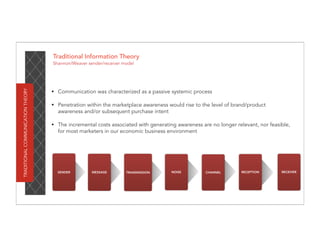 Traditional Information Theory
                                   Shannon/Weaver sender/receiver model
TRADITIONAL COMMUNICATION THEORY




                                   • Communication was characterized as a passive systemic process

                                   • Penetration within the marketplace awareness would rise to the level of brand/product
                                     awareness and/or subsequent purchase intent

                                   • The incremental costs associated with generating awareness are no longer relevant, nor feasible,
                                     for most marketers in our economic business environment




                                     SENDER         MESSAGE        TRANSMISSION     NOISE         CHANNEL        RECEPTION       RECEIVER
 