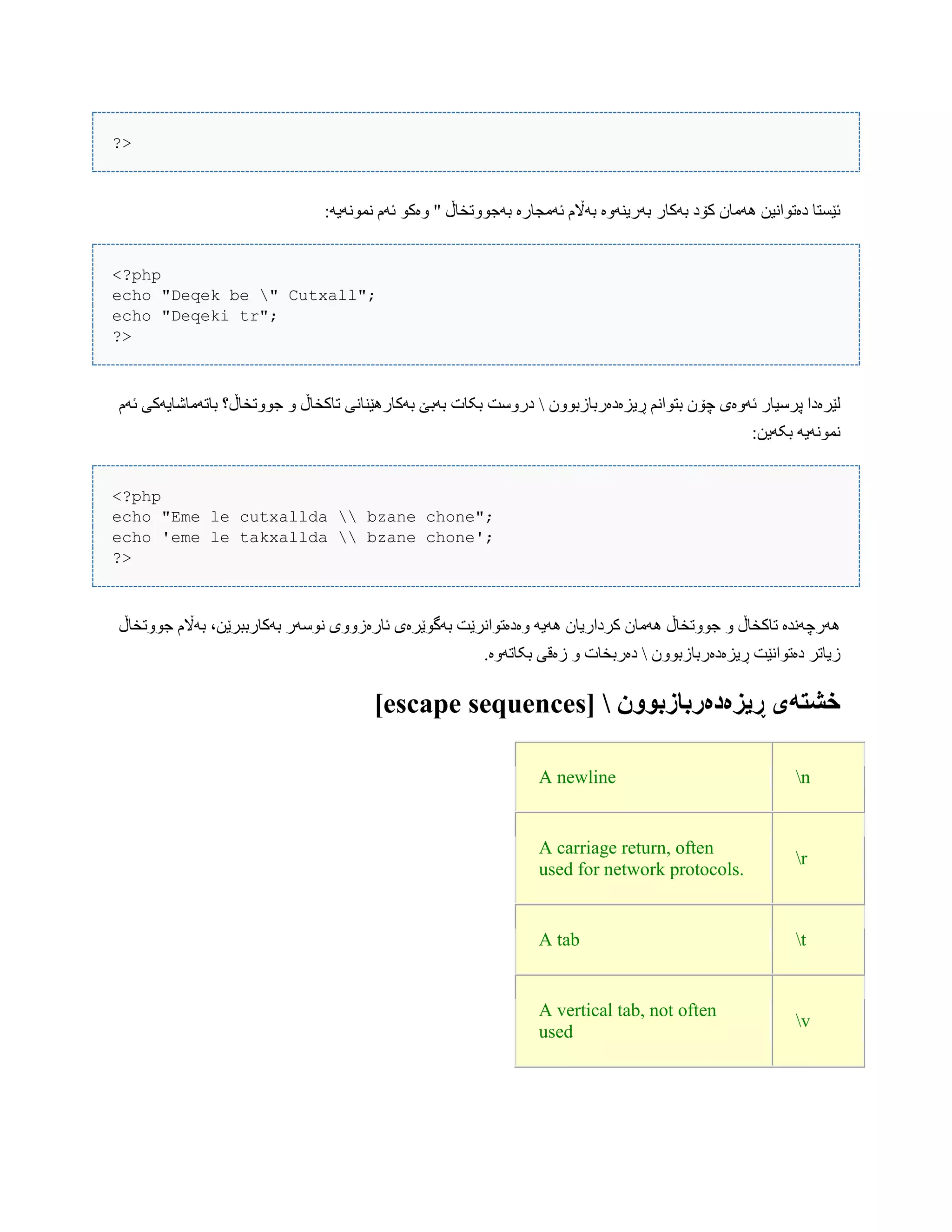 ?>
‫بَکبر‬ ‫کۆد‬ ‫َُهبى‬ ‫دەتْاًیي‬ ‫ئێطتب‬:َ‫ًوًَْی‬ ‫ئَم‬ ْ‫ّەک‬ " ‫بَجّْتخبڵ‬ ‫ئَهجبرە‬ ‫بَاڵم‬ ‫بَریٌَّە‬
<?php
echo "Deqek be " Cutxall";
echo "Deqeki tr";
?>
ٍ‫ڕیس‬ ‫بتْاًن‬ ‫چۆى‬ ‫ئَّەی‬ ‫پرضیبر‬ ‫لێرەدا‬ٍ‫د‬‫رببزبّْى‬‫ئَم‬ ‫ببتَهبغبیَکی‬ ‫جّْتخبڵ؟‬ ّ ‫تبکخبڵ‬ ‫بَکبرُێٌبًی‬ ‫بَبێ‬ ‫بکبت‬ ‫درّضت‬
:‫بکَیي‬ َ‫ًوًَْی‬
<?php
echo "Eme le cutxallda  bzane chone";
echo 'eme le takxallda  bzane chone';
?>
‫جّْتخبڵ‬ ‫بَاڵم‬ ،‫بَکبرببرێي‬ ‫ًْضَر‬ ‫ئبرەزّّی‬ ‫بَگْێرەی‬ ‫ّەدەتْاًرێت‬ َ‫َُی‬ ‫کرداریبى‬ ‫َُهبى‬ ‫جّْتخبڵ‬ ّ ‫تبکخبڵ‬ ‫َُرچًَذە‬
ٍ‫ڕیس‬ ‫دەتْاًێت‬ ‫زیبتر‬ٍ‫د‬‫رببزبّْى‬.‫بکبتَّە‬ ‫زەقی‬ ّ ‫دەربخبت‬
‫خشتًی‬‫ڕیسي‬‫دي‬‫ربازبَُن‬[escape sequences]
nA newline
r
A carriage return, often
used for network protocols.
tA tab
v
A vertical tab, not often
used
 