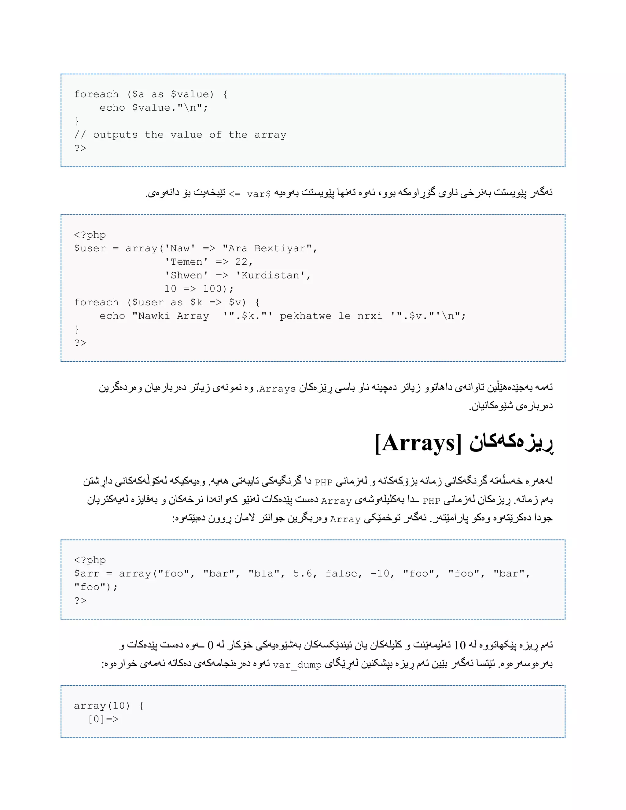 foreach ($a as $value) {
echo $value."n";
}
// outputs the value of the array
?>
َ‫بَّەی‬ ‫پێْیطتت‬ ‫تًَِب‬ ‫ئَّە‬ ،ّْ‫ب‬ َ‫گۆڕاّەک‬ ‫ًبّی‬ ‫بًَرخی‬ ‫پێْیطتت‬ ‫ئَگَر‬$var<=.‫داًَّەی‬ ‫بۆ‬ ‫تێبخَیت‬
<?php
$user = array('Naw' => "Ara Bextiyar",
'Temen' => 22,
'Shwen' => 'Kurdistan',
10 => 100);
foreach ($user as $k => $v) {
echo "Nawki Array '".$k."' pekhatwe le nrxi '".$v."'n";
}
?>
‫ڕێسەکبى‬ ‫ببضی‬ ّ‫ًب‬ ٌَ‫دەچی‬ ‫زیبتر‬ ّْ‫داُبت‬ ‫تبّاًَی‬ ‫بَجێذەُێڵیي‬ َ‫ئَه‬Arrays‫زیبتر‬ ‫ًوًَْی‬ ‫ّە‬ .‫ّەردەگریي‬ ‫دەرببرەیبى‬
.‫غێْەکبًیبى‬ ‫دەرببرەی‬
[ ‫ڕیسەکًکان‬Arrays]
‫لَزهبًی‬ ّ ًَ‫بسۆکَکب‬ ًَ‫زهب‬ ‫گرًگَکبًی‬ َ‫خَضڵَت‬ ‫لََُرە‬PHP‫داڕغتي‬ ‫لَکۆڵَکَکبًی‬ َ‫ّەیَکیک‬ .َ‫َُی‬ ‫تبیبَتی‬ ‫گرًگیَکی‬ ‫دا‬
‫لَزهبًی‬ ‫ڕیسەکبى‬ .ًَ‫زهب‬ ‫بَم‬PHP‫بَکلیلَّغَی‬ ‫ــذا‬Array‫لَیَکتریبى‬ ‫بَفبیسە‬ ّ ‫ًرخَکبى‬ ‫کَّاًَدا‬ ْ‫لًَێ‬ ‫پێذەکبت‬ ‫دەضت‬
‫تْخوێکی‬ ‫ئَگَر‬ .‫پبراهێتَر‬ ْ‫ّەک‬ ‫دەکرێتَّە‬ ‫جْدا‬Array:‫دەبێتَّە‬ ‫ڕّّى‬ ‫الهبى‬ ‫جْاًتر‬ ‫ّەربگریي‬
<?php
$arr = array("foo", "bar", "bla", 5.6, false, -10, "foo", "foo", "bar",
"foo");
?>
َ‫ل‬ ‫پێکِبتّْە‬ ‫ڕیسە‬ ‫ئَم‬10َ‫ل‬ ‫خۆکبر‬ ‫بَغێْەیَکی‬ ‫ئیٌذێکطَکبى‬ ‫یبى‬ ‫کلیلَکبى‬ ّ ‫ئَلیوَێٌت‬0ّ ‫پێذەکبت‬ ‫دەضت‬ ‫ــَّە‬
‫لَڕێگبی‬ ‫بپػکٌیي‬ ‫ڕیسە‬ ‫ئَم‬ ‫بێیي‬ ‫ئَگَر‬ ‫ئێتطب‬ .‫بَرەّضَرەّە‬var_dump:‫خْارەّە‬ ‫ئَهَی‬ َ‫دەکبت‬ ‫دەرەًجبهَکَی‬ ‫ئَّە‬
array(10) {
[0]=>
 