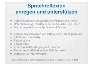 Sprachreﬂexion  
      anregen und unterstützen !
  Aufmerksamkeit auf sprachliche Phänomene richten
  Unterscheidung: Inhaltsebene von Sprache und Texten
  Gestaltungsebene von Sprache und Texten

    Anlass: Abweichungen von alltäglichen Sprachgebrauch
    z.B. literarische Texte
    Sprachspiele
    Sprachwitze
    experimenteller Umgang mit Sprache
    Fehler und Auffälligkeiten in Schülertexten
    Reflexion von Normfragen

 Budde, Monika et al. (2011) Sprachdidaktik. Berlin: Akademie Verlag S. 133f
 