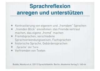 Sprachreﬂexion  
     anregen und unterstützen !

  Kontrastierung von eigenem und „fremdem“ Sprechen
  „fremden Blick“ einnehmen: das Fremde vertraut
   machen, das eigene „fremd“ machen
  Fremdsprachen, verschiedene
   Sprachverwendungsweisen, Fachsprachen
  historische Sprache, Gebärdensprachen
  „Sprache“ der Tiere
  Verfremden von Texten



 Budde, Monika et al. (2011) Sprachdidaktik. Berlin: Akademie Verlag S. 140-44
 