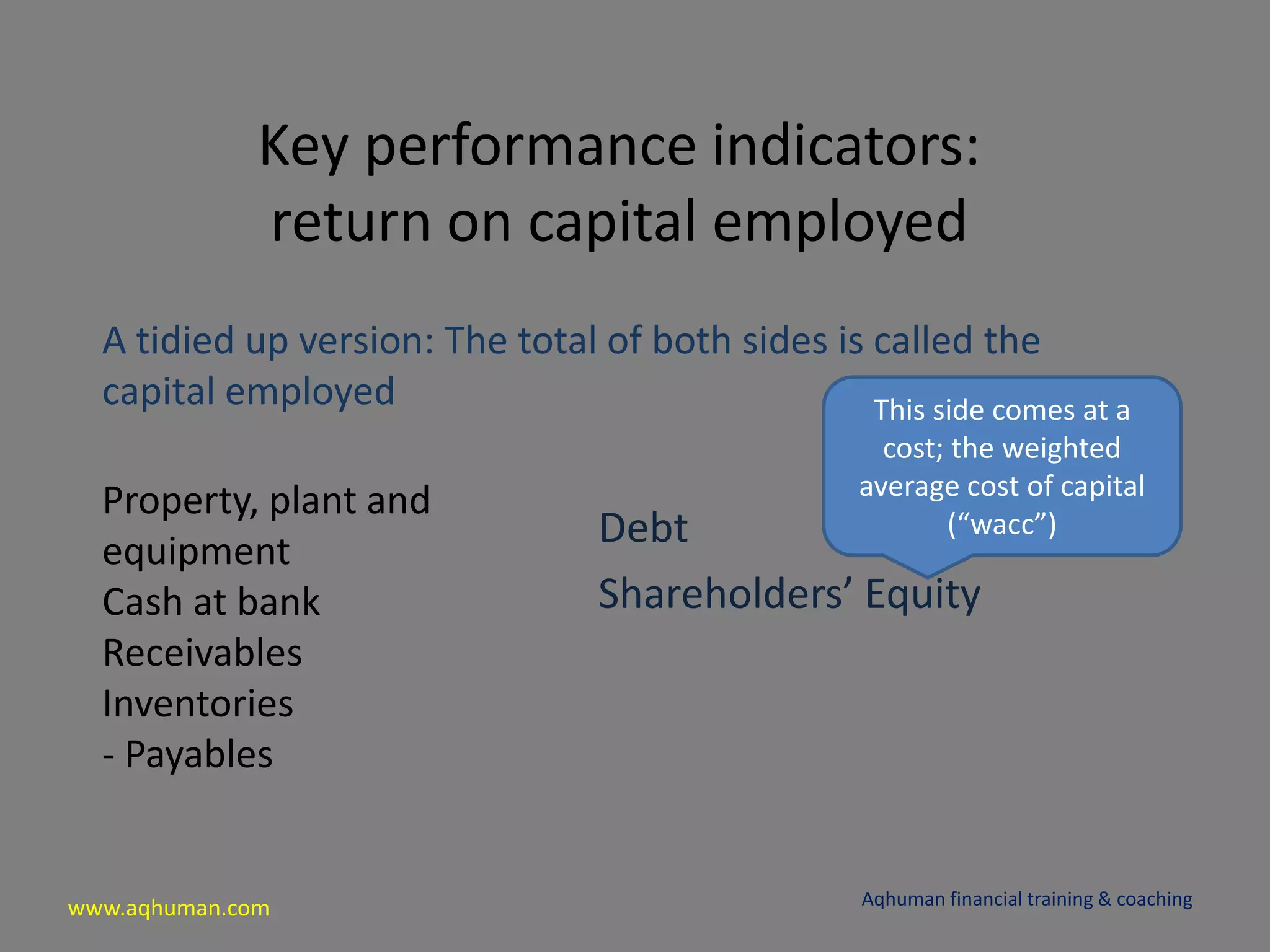 www.aqhuman.com
Key performance indicators:
return on capital employed
A tidied up version: The total of both sides is called the
capital employed
Aqhuman financial training & coaching
Property, plant and
equipment
Cash at bank
Receivables
Inventories
- Payables
Debt
Shareholders’ Equity
This side comes at a
cost; the weighted
average cost of capital
(“wacc”)
 