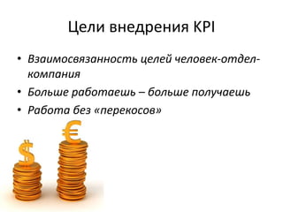 Цели внедрения KPI
• Взаимосвязанность целей человек-отдел-
компания
• Больше работаешь – больше получаешь
• Работа без «перекосов»
