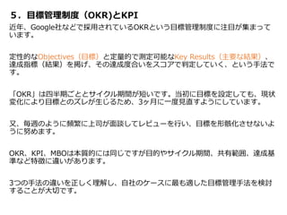 ５．目標管理制度（OKR)とKPI
近年、Google社などで採用されているOKRという目標管理制度に注目が集まって
います。
定性的なObjectives（目標）と定量的で測定可能なKey Results（主要な結果）、
達成指標（結果）を掲げ、その達成度合いをスコアで判定していく、という手法で
す。
「OKR」は四半期ごととサイクル期間が短いです。当初に目標を設定しても、現状
変化により目標とのズレが生じるため、3ヶ月に一度見直すようにしています。
又、毎週のように頻繁に上司が面談してレビューを行い、目標を形骸化させないよ
うに努めます。
OKR、KPI、MBOは本質的には同じですが目的やサイクル期間、共有範囲、達成基
準など特徴に違いがあります。
3つの手法の違いを正しく理解し、自社のケースに最も適した目標管理手法を検討
することが大切です。
 