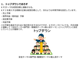１．トップダウンでおろす
ＫＰIテーマを経営目標と連動させる。
ＫＰＩを導入する規模の企業は経営目標として、次のような年間予算を設定しています。
・売上予算
・限界利益（粗利益）予算
・固定費予算
・利益予算
この予算を達成するために毎日努力をするわけですが、ＫＰIテーマについても、月次決算
と連動して「全社テーマ⇒部門別・階層別テーマ⇒個人別テーマ」とトップダウンに設定
していくことが重要です。
 