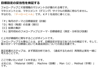 目標設定の妥当性を検証する
フォローアップこそ管理職のマジメントカが養われる場です。
マネジメントとは、マネジメント（デミング）サイクルの実践に他なりません。
すなわち、「Ｐ⇒Ｄ⇒Ｃ⇒Ａ」です。ＫＰＩを成功に導くには、
「Ｐ」毎月のテーマと目標値設定（計画）
「Ｄ」毎日（毎週）の支援（実行）
【Ｃ】結果の集計
「Ａ」翌月初めのフォローアップとテーマ・目標値修正（測定・分析及び改善）
に上司が積極的に関与することがポイントです。
フォローアップで大事なことは、まず、目標設定が妥当であつたかの検証です。そして、
個々のテーマ十目標値において未達成項目についての是正処置です。
是正処置のステップは、まず原因分析であり、（達成するための）再発防止策を一緒に
考えることです。
ここで使いたいのが「４Ｍ手法」です。
４Ｍとは、「Material（材料）、Machine（設備）、Man（人）、Method（手順）」
です。
 
