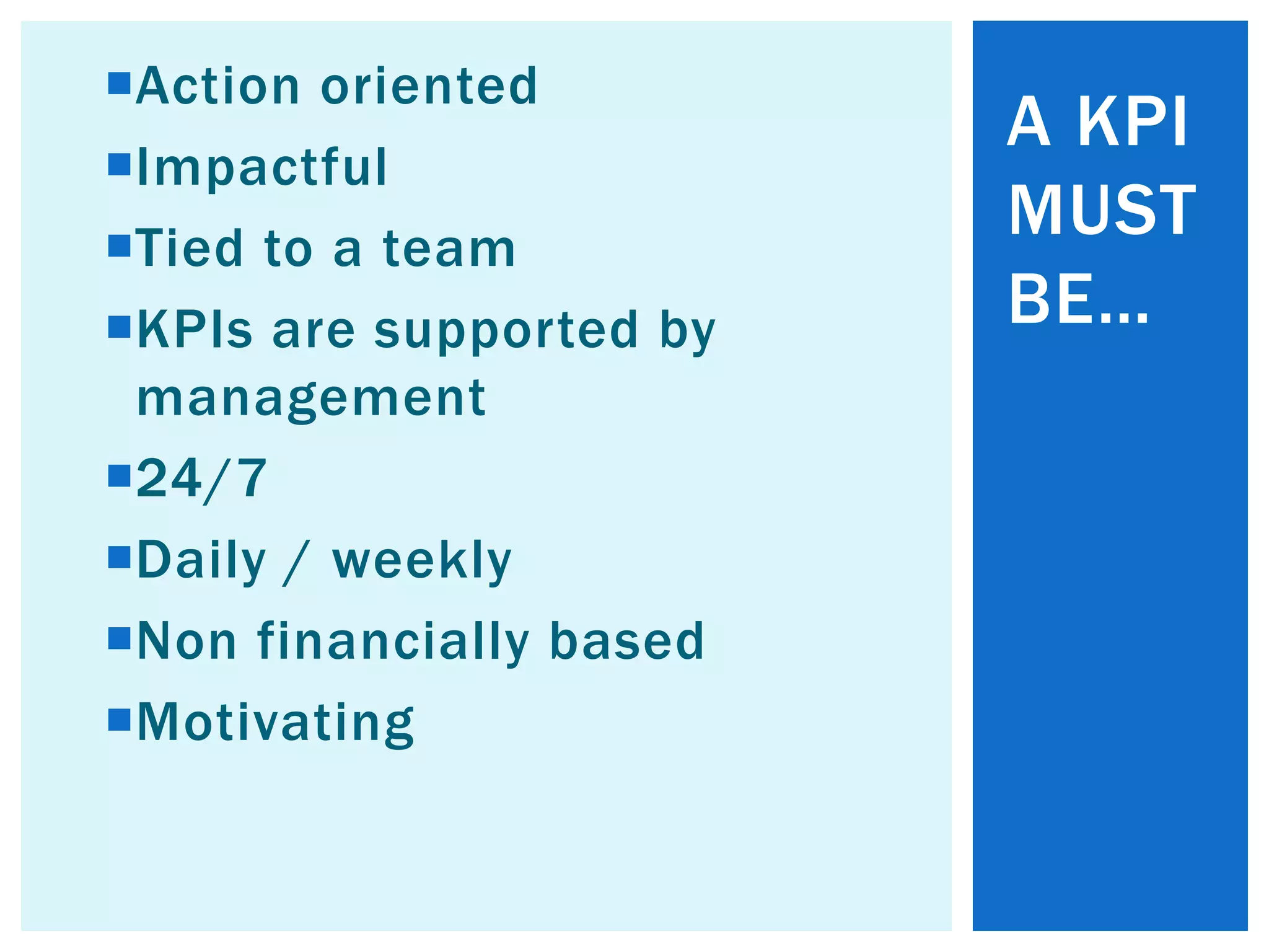 Action oriented
Impactful
Tied to a team
KPIs are supported by
management
24/7
Daily / weekly
Non financially based
Motivating
A KPI
MUST
BE…
 