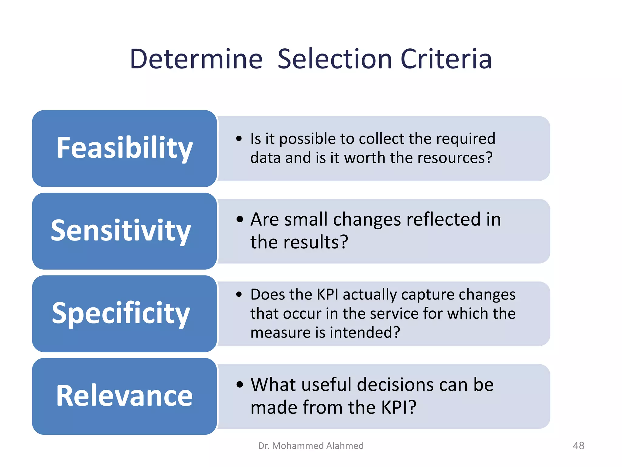 Determine Selection Criteria
• Is it possible to collect the required
data and is it worth the resources?
Feasibility
• Are small changes reflected in
the results?
Sensitivity
• Does the KPI actually capture changes
that occur in the service for which the
measure is intended?
Specificity
• What useful decisions can be
made from the KPI?
Relevance
Dr. Mohammed Alahmed 48
 