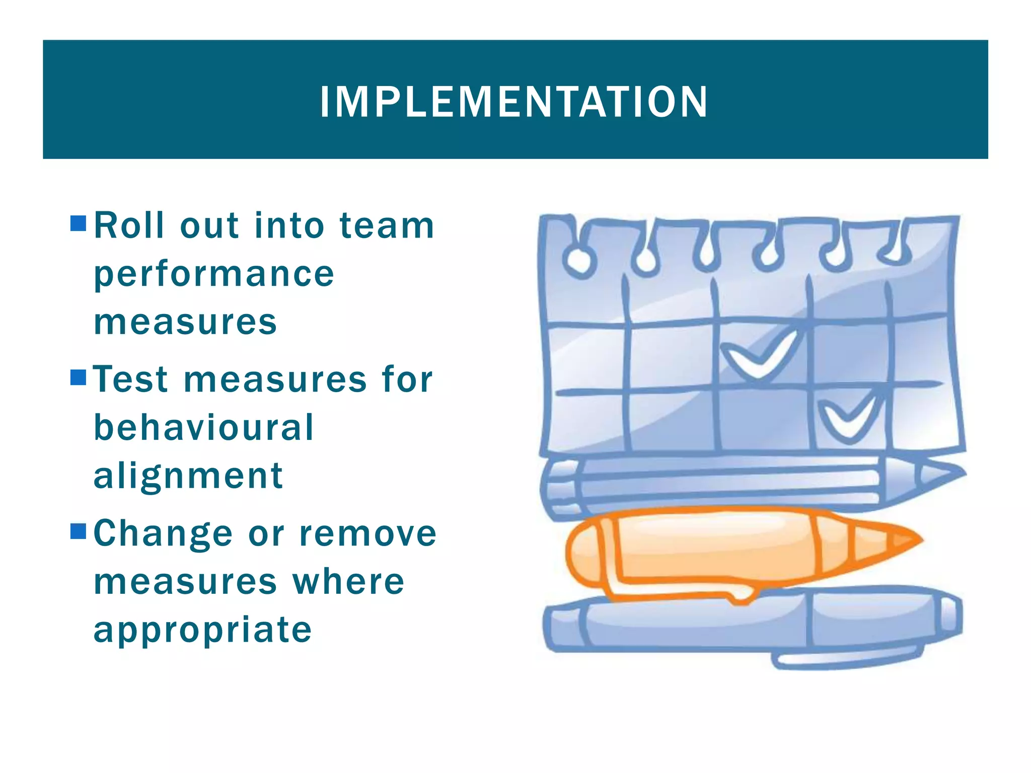 Roll out into team
performance
measures
Test measures for
behavioural
alignment
Change or remove
measures where
appropriate
IMPLEMENTATION
 