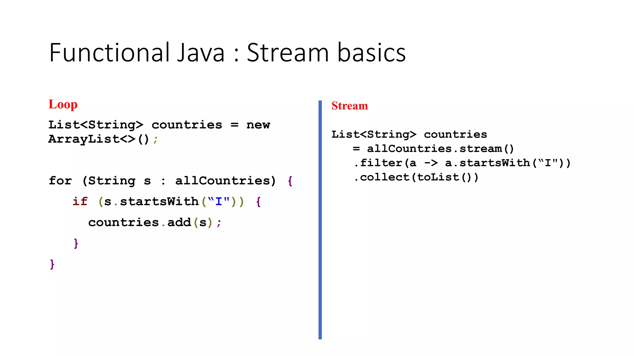 Functional Java : Stream basics
Loop
List<String> countries = new
ArrayList<>();
for (String s : allCountries) {
if (s.startsWith(“I")) {
countries.add(s);
}
}
Stream
List<String> countries
= allCountries.stream()
.filter(a -> a.startsWith(“I"))
.collect(toList())
 