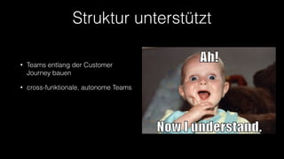 Struktur unterstützt
• Teams entlang der Customer
Journey bauen
• cross-funktionale, autonome Teams
 