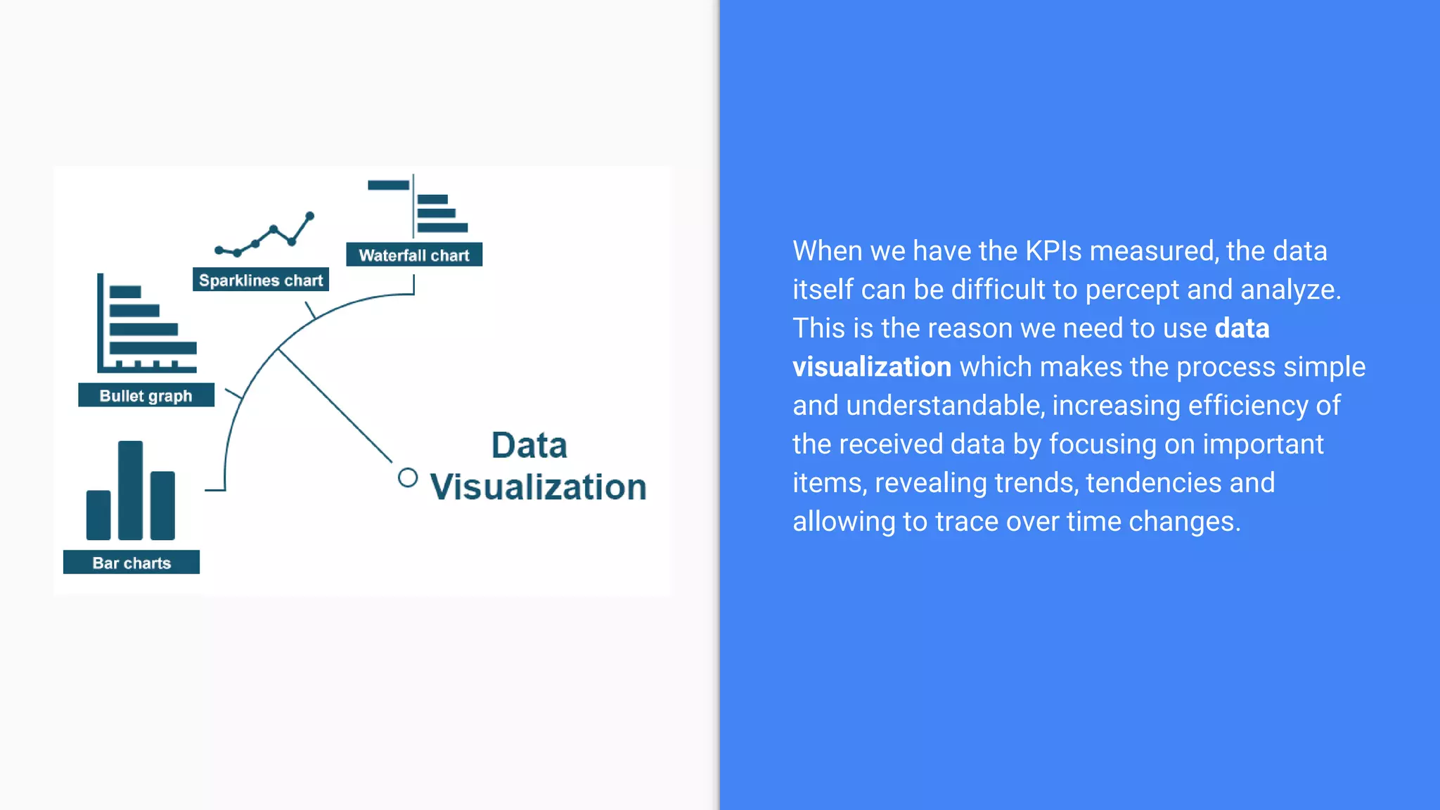When we have the KPIs measured, the data
itself can be difficult to percept and analyze.
This is the reason we need to use data
visualization which makes the process simple
and understandable, increasing efficiency of
the received data by focusing on important
items, revealing trends, tendencies and
allowing to trace over time changes.
 