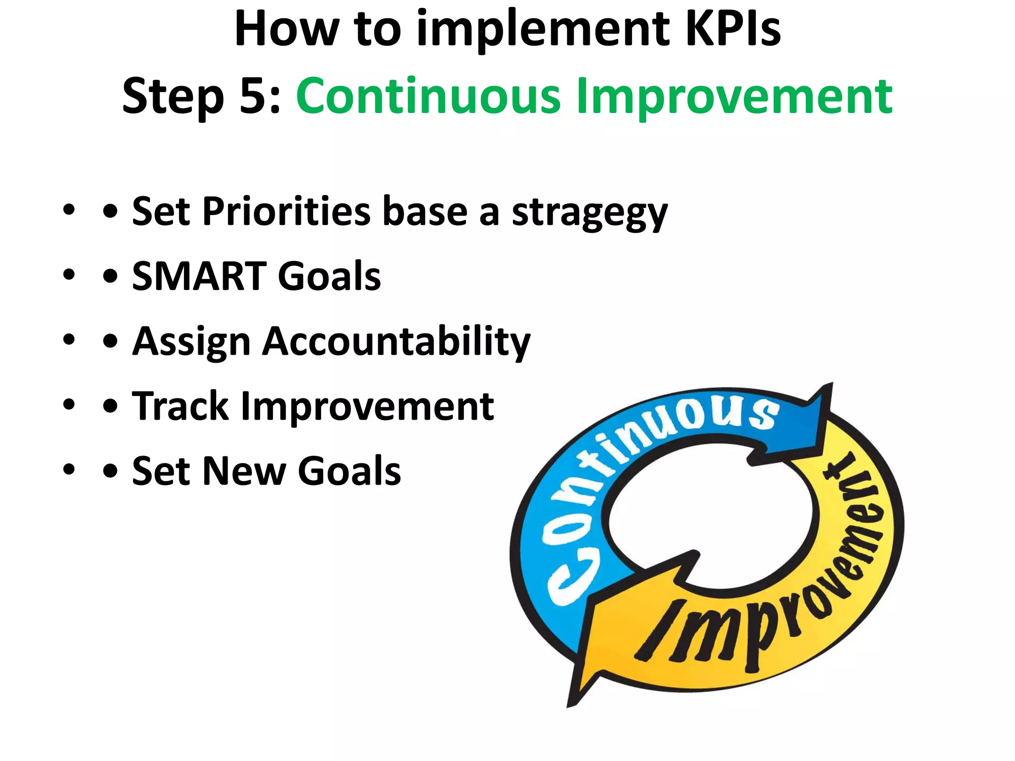How to implement KPIs
     Step 5: Continuous Improvement
•   • Set Priorities base a stragegy
•   • SMART Goals
•   • Assign Accountability
•   • Track Improvement
•   • Set New Goals
 
