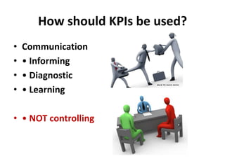 How should KPIs be used?
•   Communication
•   • Informing
•   • Diagnostic
•   • Learning

• • NOT controlling
 