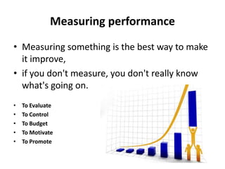 Measuring performance
• Measuring something is the best way to make
  it improve,
• if you don't measure, you don't really know
  what's going on.
•   To Evaluate
•   To Control
•   To Budget
•   To Motivate
•   To Promote
 