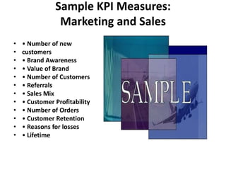 Sample KPI Measures:
                Marketing and Sales
•   • Number of new
•   customers
•   • Brand Awareness
•   • Value of Brand
•   • Number of Customers
•   • Referrals
•   • Sales Mix
•   • Customer Profitability
•   • Number of Orders
•   • Customer Retention
•   • Reasons for losses
•   • Lifetime
 