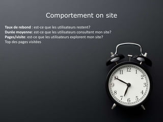 Comportement on site
Taux de rebond : est-ce que les utilisateurs restent?
Durée moyenne: est-ce que les utilisateurs consultent mon site?
Pages/visite: est-ce que les utilisateurs explorent mon site?
Top des pages visitées
 