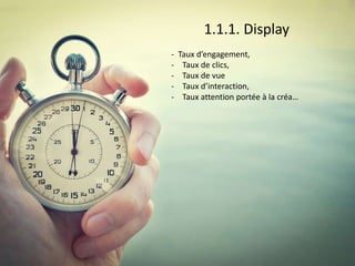 1.1.1. Display
- Taux d’engagement,
- Taux de clics,
- Taux de vue
- Taux d’interaction,
- Taux attention portée à la créa…
 