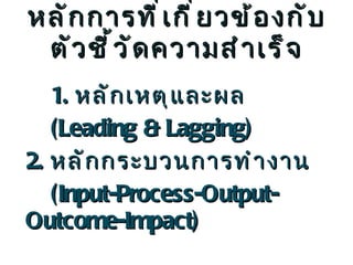 หลักการที่เกี่ยวข้องกับตัวชี้วัดความสำเร็จ 1.  หลักเหตุและผล (Leading & Lagging) 2.   หลักกระบวนการทำงาน (Input-Process-Output-Outcome-Impact) 