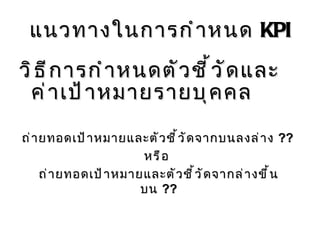 แนวทางในการกำหนด  KPI วิธีการกำหนดตัวชี้วัดและค่าเป้าหมายรายบุคคล   ถ่ายทอดเป้าหมายและตัวชี้วัดจากบนลงล่าง  ?? หรือ  ถ่ายทอดเป้าหมายและตัวชี้วัดจากล่างขึ้นบน  ?? 