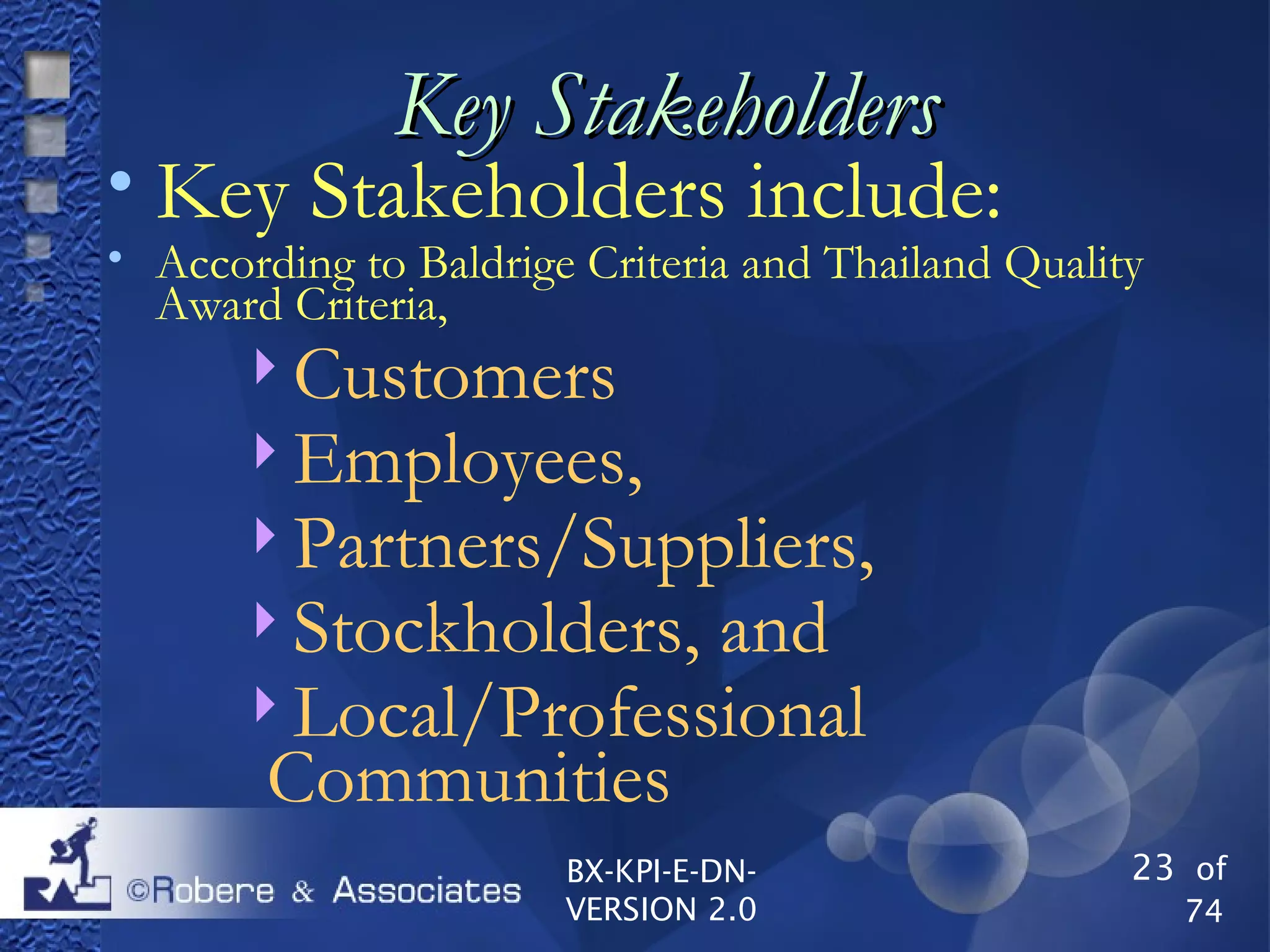 23 of
74
BX-KPI-E-DN-
VERSION 2.0
Key StakeholdersKey Stakeholders

Key Stakeholders include:

According to Baldrige Criteria and Thailand Quality
Award Criteria,
Customers
Employees,
Partners/Suppliers,
Stockholders, and
Local/Professional
Communities
 