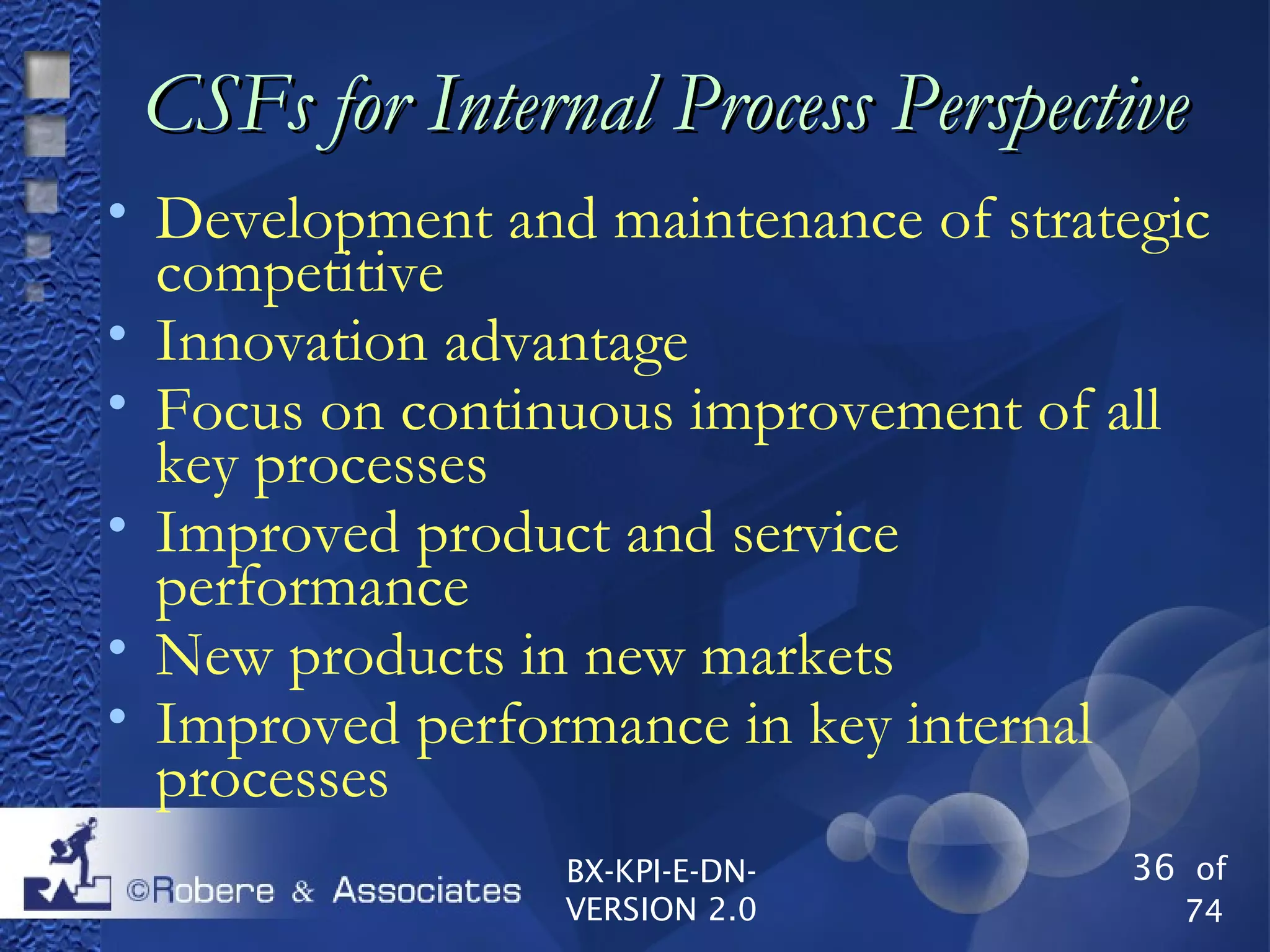 36 of
74
BX-KPI-E-DN-
VERSION 2.0
CSFs for Internal Process PerspectiveCSFs for Internal Process Perspective

Development and maintenance of strategic
competitive

Innovation advantage

Focus on continuous improvement of all
key processes

Improved product and service
performance

New products in new markets

Improved performance in key internal
processes
 