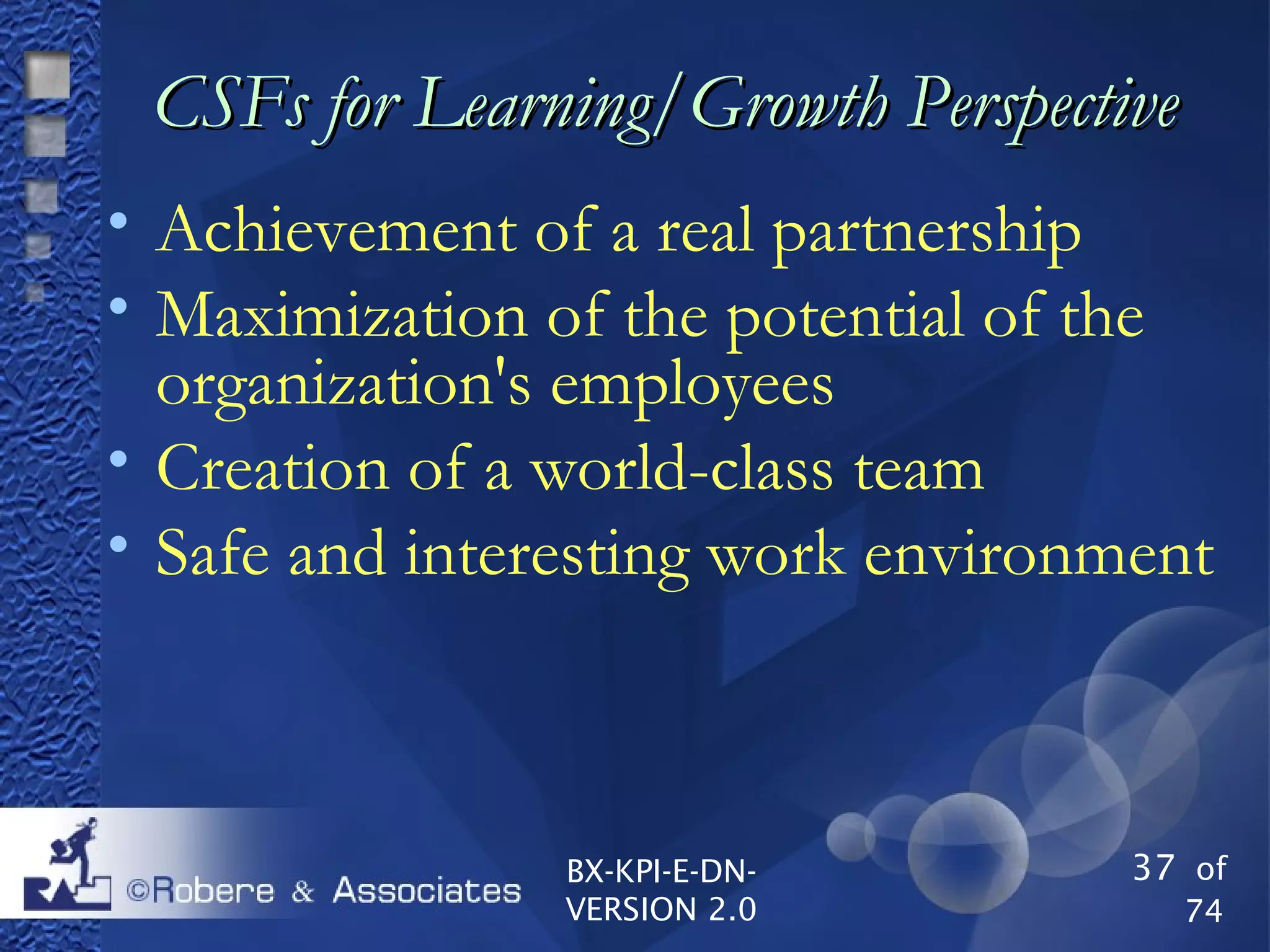 37 of
74
BX-KPI-E-DN-
VERSION 2.0
CSFs for Learning/Growth PerspectiveCSFs for Learning/Growth Perspective

Achievement of a real partnership

Maximization of the potential of the
organization's employees

Creation of a world-class team

Safe and interesting work environment
 