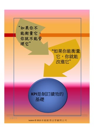 “如果你不“如果你不
能衡量它，
你就不能管
理它＂理它＂
“如果你能衡量
它，你就能它 你就能
改進它”
KPI是制訂績效的
基礎
Isoiem © 2013 卓 越 國 際 企 管 顧 問 公 司
版權所有
 