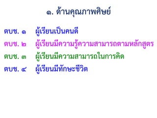 ๑. ด้านคุณภาพศิษย์
ตบช. ๑ ผู้เรียนเป็นคนดี
ตบช. ๒ ผู้เรียนมีความรู้ความสามารถตามหลักสูตร
ตบช. ๓ ผู้เรียนมีความสามารถในการคิด
ตบช. ๔ ผู้เรียนมีทักษะชีวิต
 
